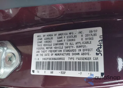 2008 Honda Accord 2.4 Lx из США, поврежденный, VIN 1HGCP26308A008502